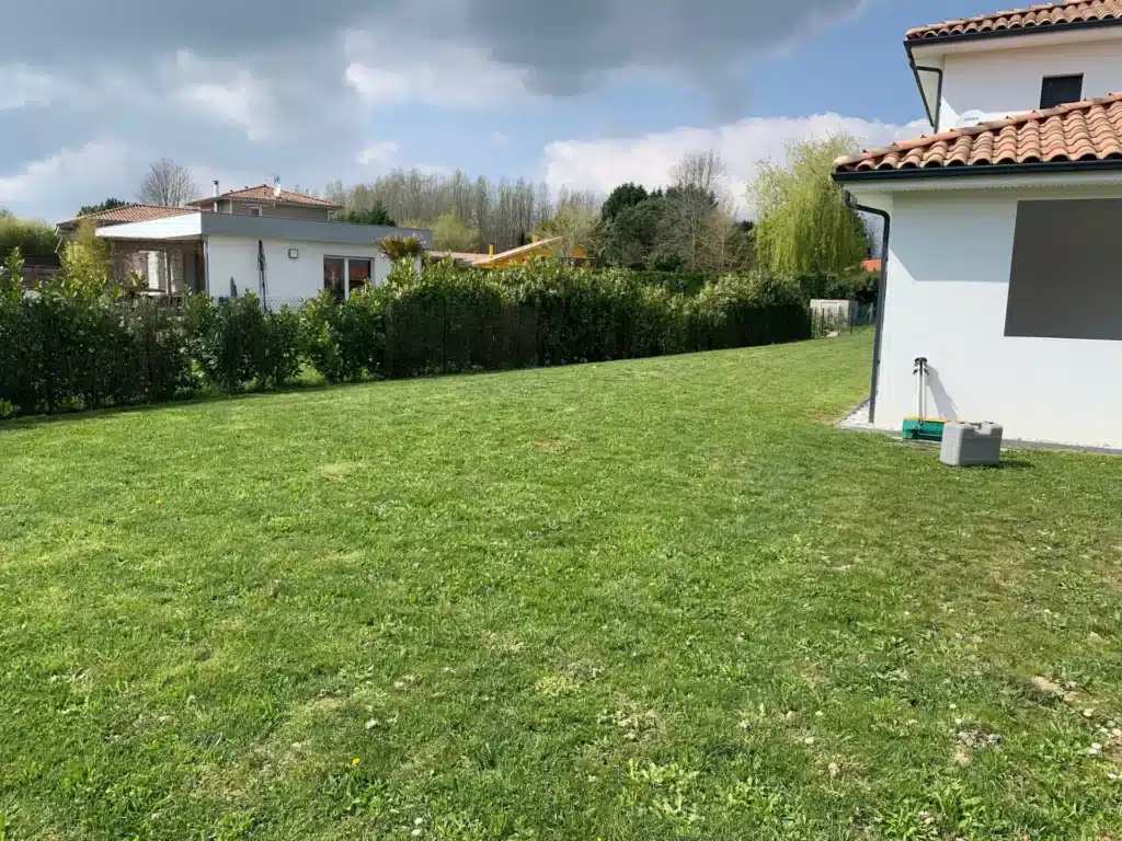 Grand jardin verdoyant avec pelouse entretenue, haie et maison moderne sous un ciel nuageux.